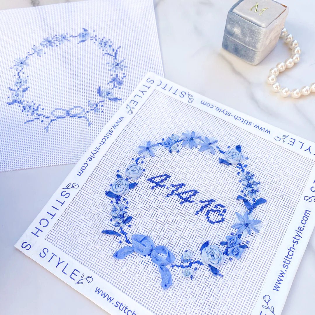 BLUE BOW WREATH - Penny Linn Designs - Stitch Style Needlepoint