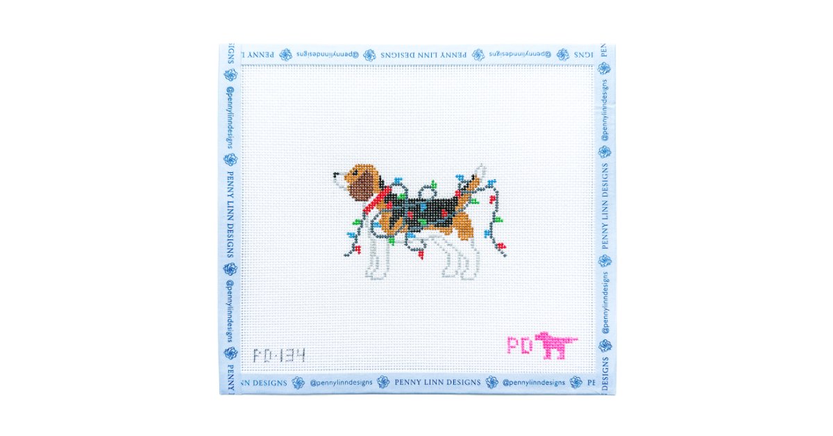 BEAGLE WRAPPED IN LIGHTS - Penny Linn Designs - Poppy's Designs Needlepoint